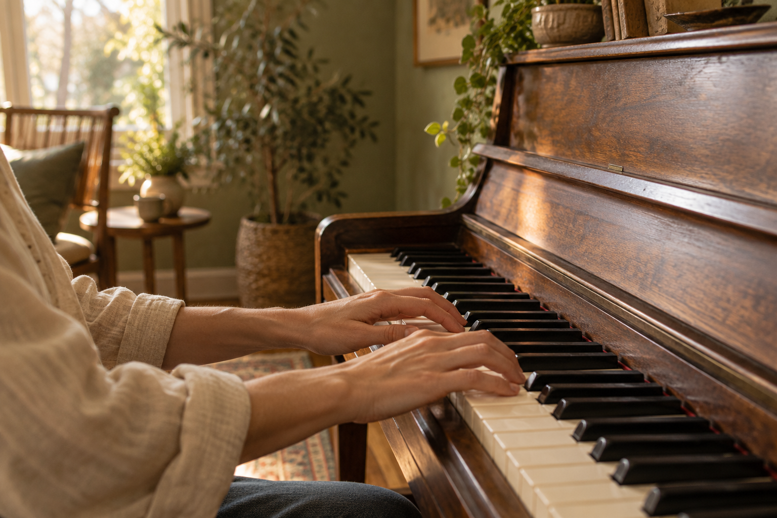 Illustrative close-up of relaxed hands playing a walnut piano in a warmly lit room
